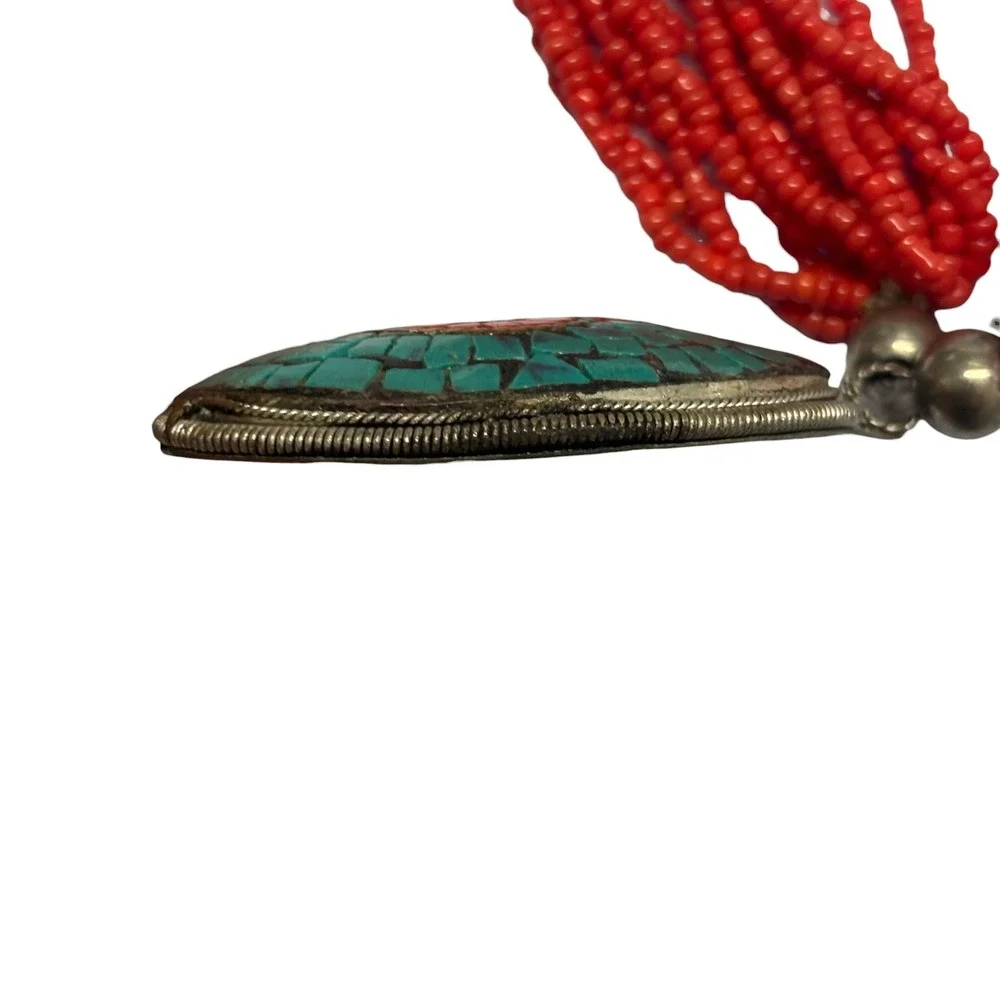 Vintage Red Multi Strand Seed Bead Necklace Turquoise Coral Mosaic Pendant Boho